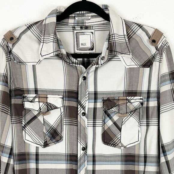 BKE Mens Casual Pearl Snap Shirt Western Plaid Slim Stretch White Gray Medium - Picture 3 of 7